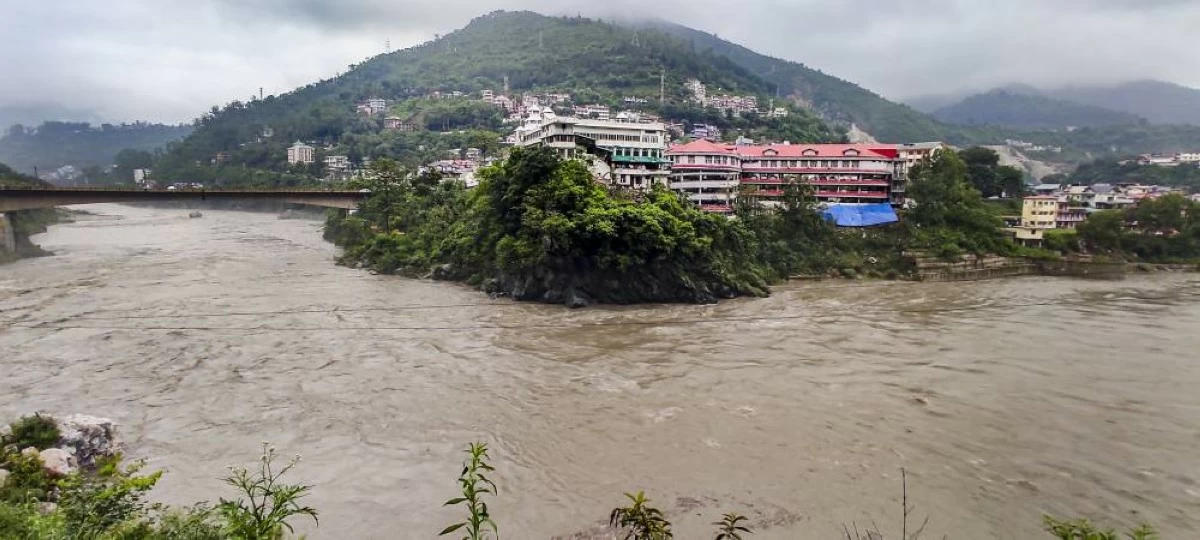 Swollen Beas river following heavy rainfall in Mandi. IMD has issues a red alert for the district.