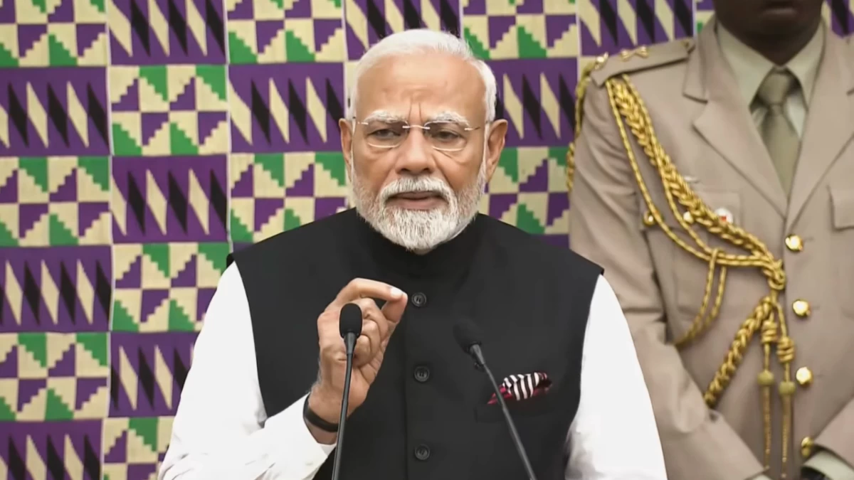 Prime Minister Narendra Modi speaks at the Parliament of the Republic of Ghana, in Accra. (Photo credit: @NarendraModi via PTI)