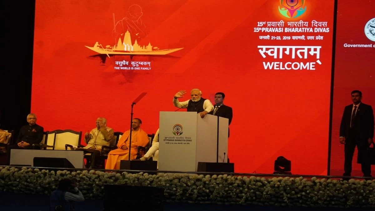Prime Minister Narendra Modi addresses the audience during the inauguration of the 15th edition of the Pravasi Bhartiya Divas Convention, at Trade Facility Centre on January 22, 2018 in Varanasi. PM Modi started the Pravasi Bharatiya Divas to bring together the global Indian community to boost ties and highlight the significance of cultural diplomacy.(Photo Credit: Photo by Rajesh Kumar/Hindustan Times via Getty Images)