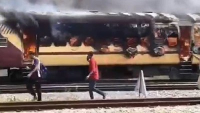 Empty train coach catches fire. (Picture: Tv9 telugu)