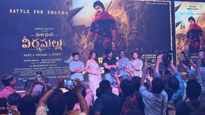 Pawan Kalyan at a press conference in Hyderabad to discuss upcoming film Hari Hara Veera Mallu.  