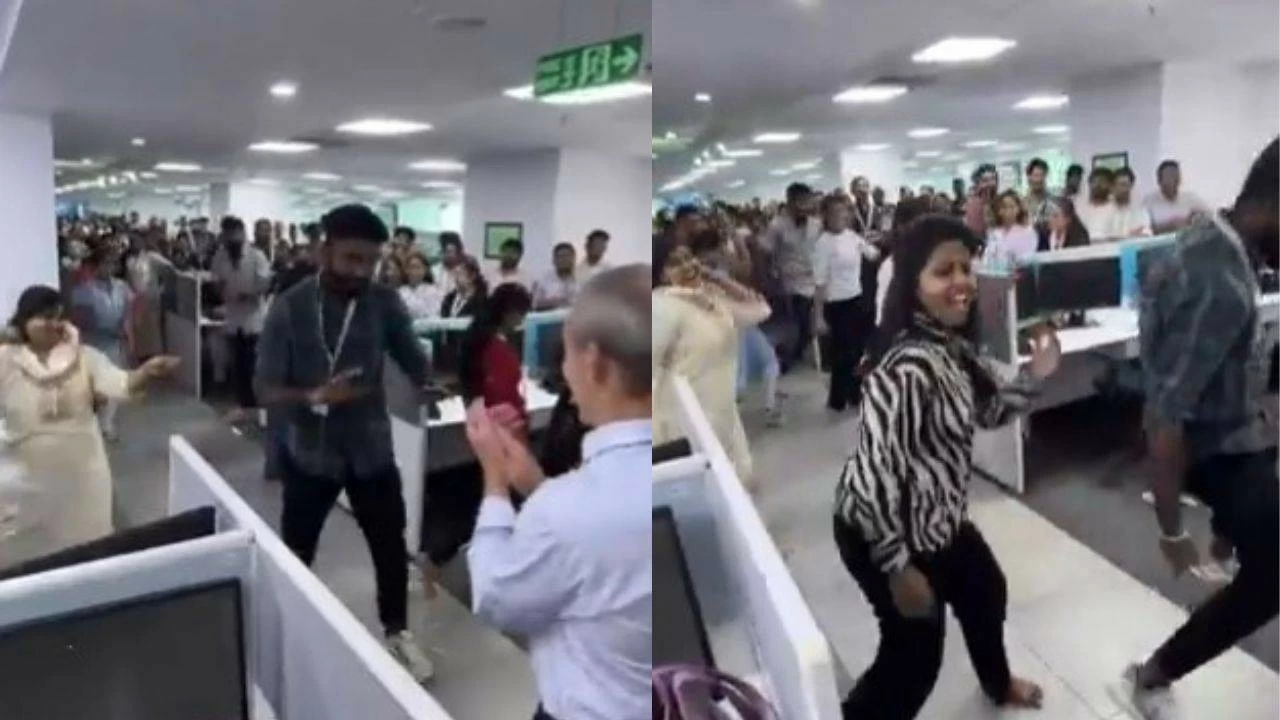 Employees dance to welcome foreign client.