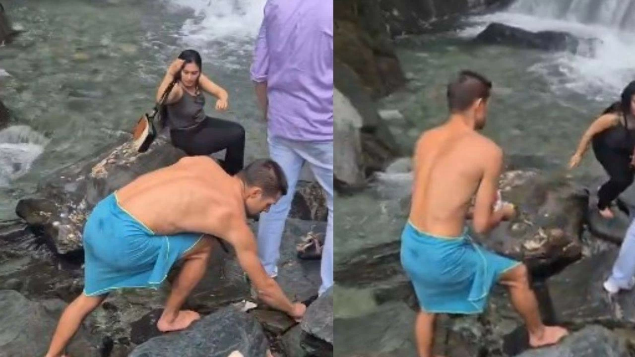 Foreign tourist picks up litter in Himachal Pradesh.