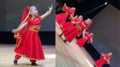 Little Russian girls dance to Chanda Chamke in lehengas.