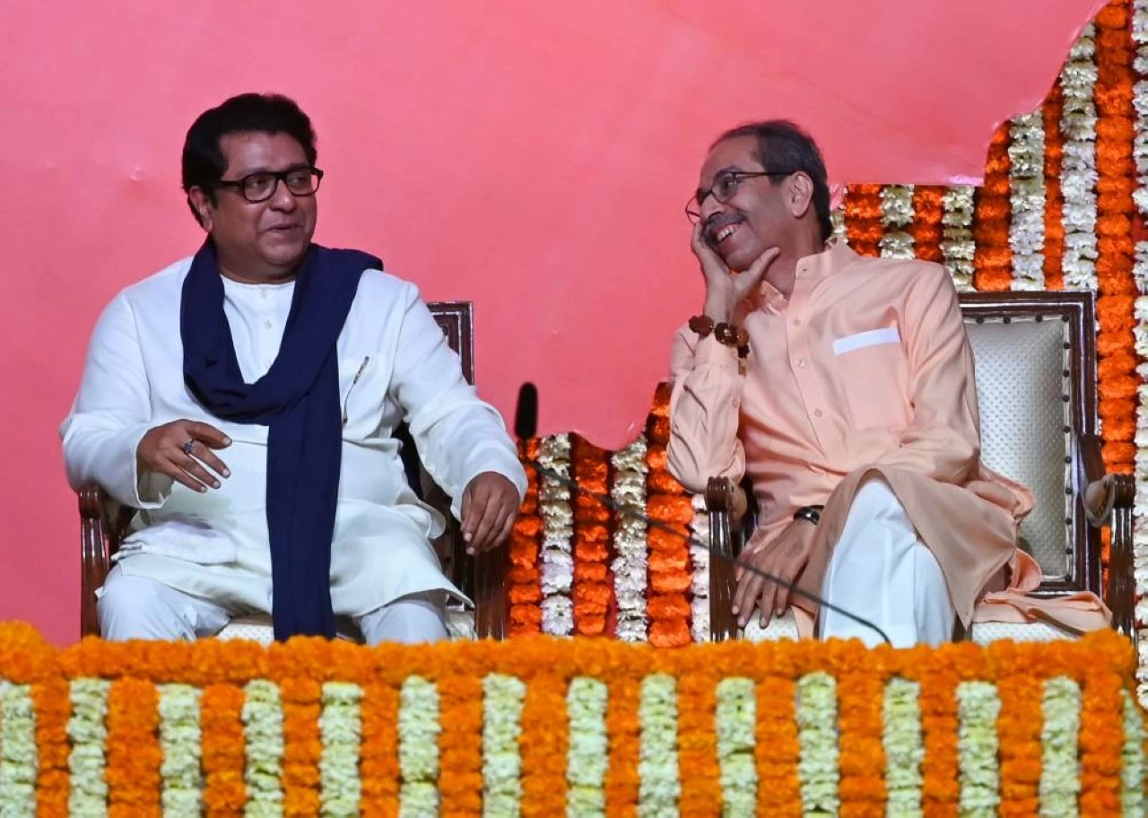 Raj Thackeray's surprise visit to his cousin Uddhav Thackeray's residence, Matoshree, on Uddhav's 65th birthday marks a significant political development in Maharashtra. (Raju Shinde/HT via Getty Images)
