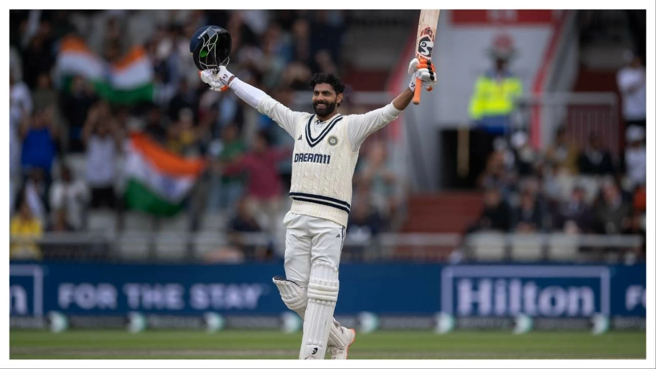 Ravindra Jadeja of India celebrates scoring a century during day five of the fourth Rothesay Test Match between England and India at Emirates Old Trafford.
