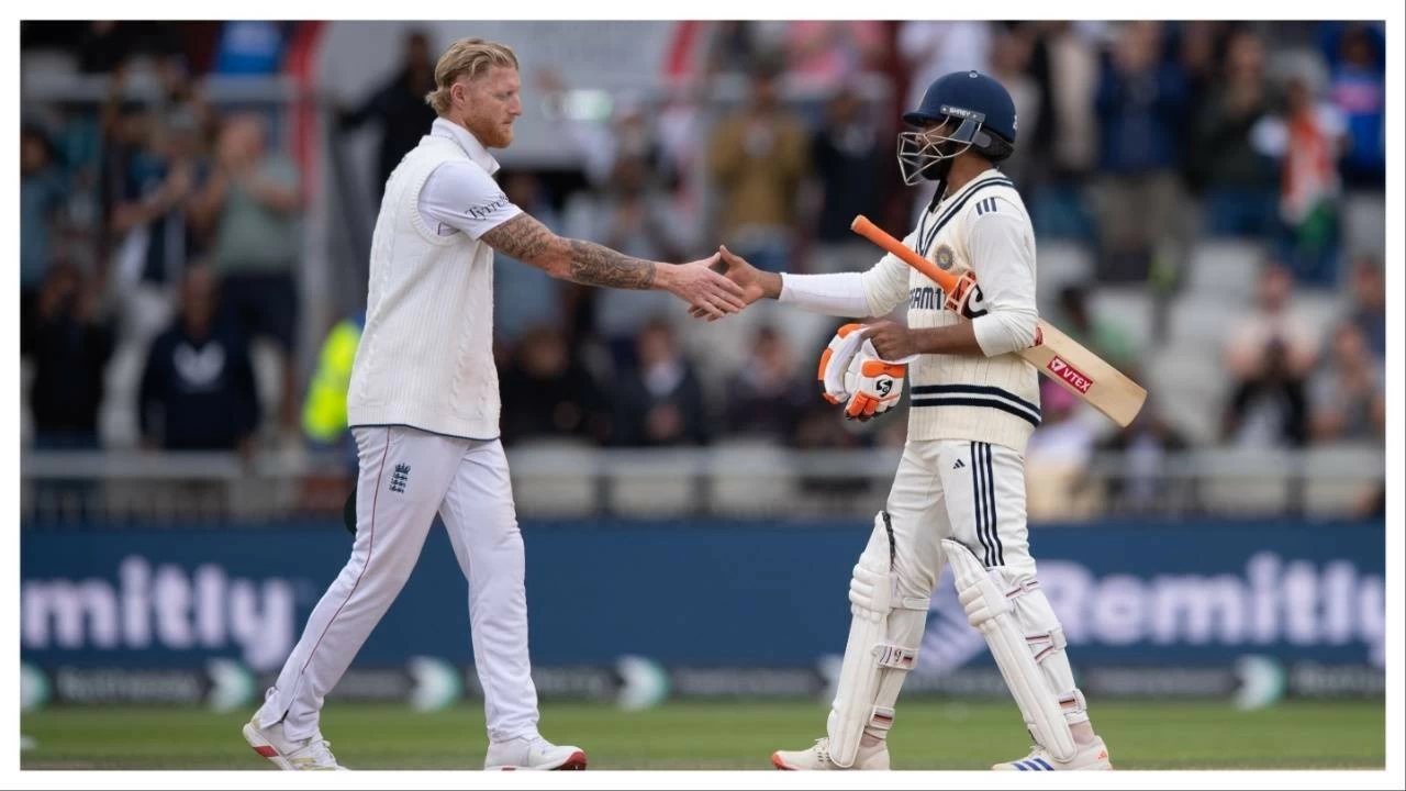 Ben Stokes of England shakes hands with Ravindra Jadeja of India after day five of the fourth Rothesay Test Match between England and India.