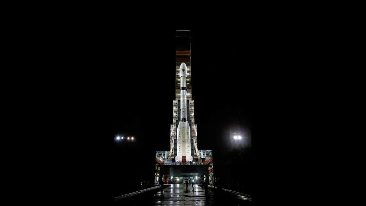 The GSLV-F16 rocket rolling out of the vehicle assembly building. 