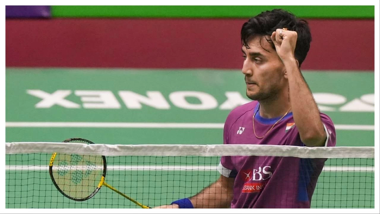 Lakshya Sen celebrates a point during a men’s singles match against Israel’s Sholeh Daniil Dubovenko at the Syed Modi International Super 300 badminton tournament, in Lucknow on Nov. 28, 2024.