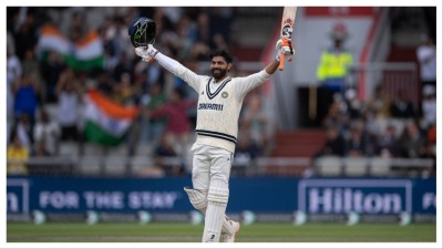 Ravindra Jadeja of India celebrates scoring a century during day five of the fourth Rothesay Test Match between England and India at Emirates Old Trafford.