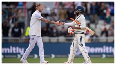 Ben Stokes of England shakes hands with Ravindra Jadeja of India after day five of the fourth Rothesay Test Match between England and India.