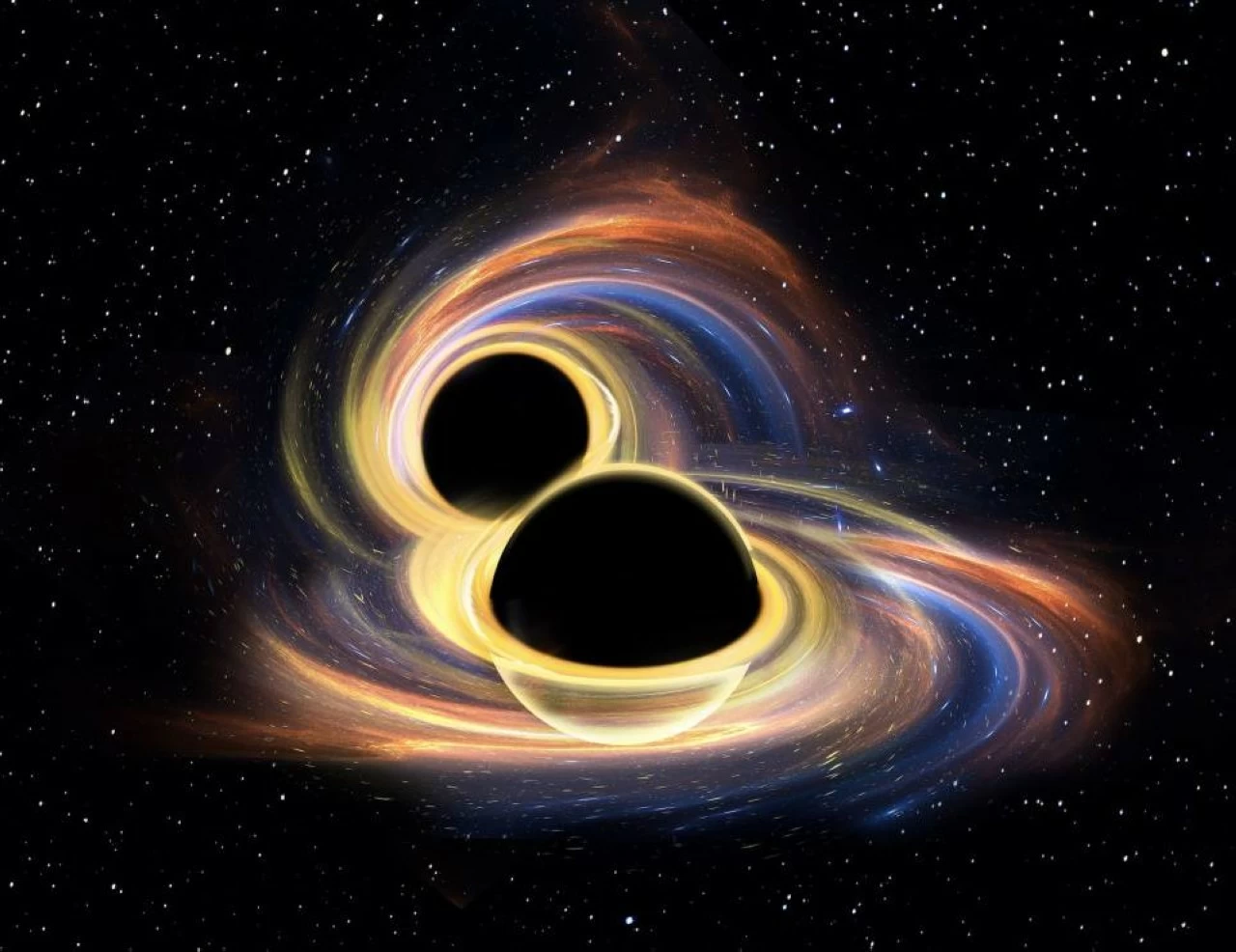 Illustration of a binary black hole merger. 