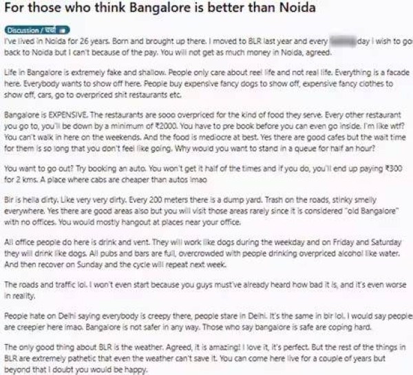 Noida man says why he dislikes Bengaluru.