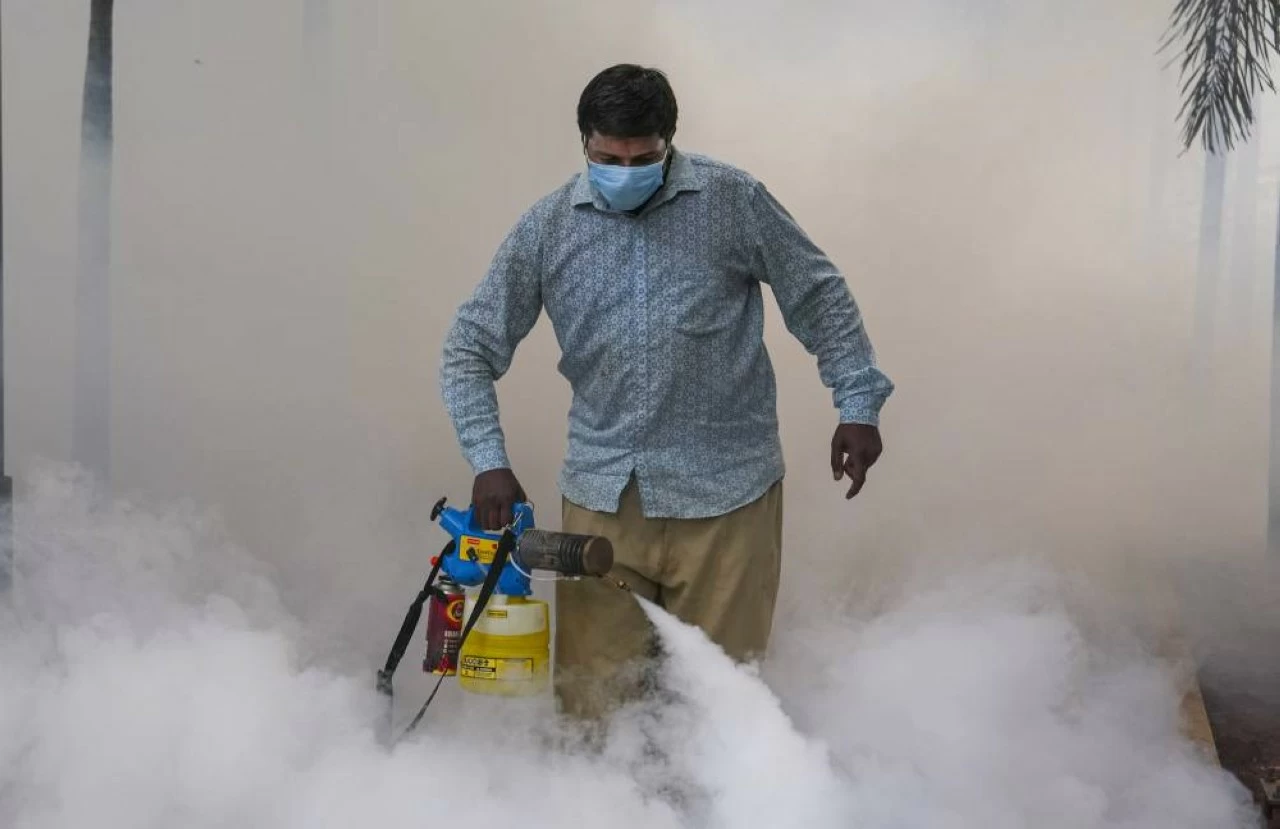  A municipal worker fumigates a park in a bid to kill mosquitos in Bengaluru.