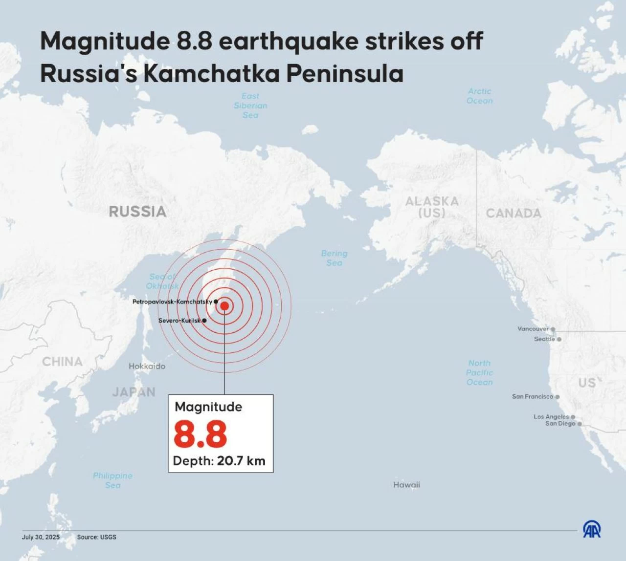 Infographic showing the Pacific Ocean where tsunami advisories of various levels were issued after a 8.8-magnitude quake off the coast of Russia's Kamchatka peninsula on July 30