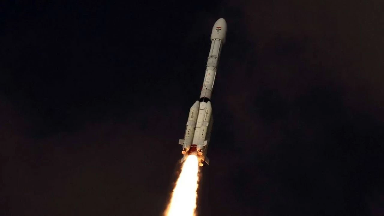 The GSLV-F16 rocket mid-flight carrying the NISAR satellite. 