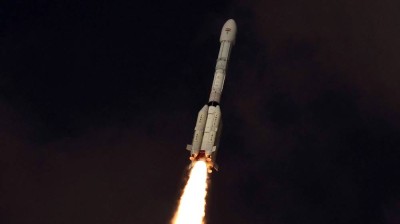 The GSLV-F16 rocket mid-flight carrying the NISAR satellite. 