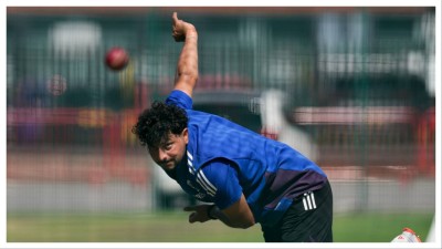 Kuldeep Yadav during a practice session ahead of the fourth test cricket match between India and England, at the Old Trafford Cricket Ground, in Manchester on July 21. 