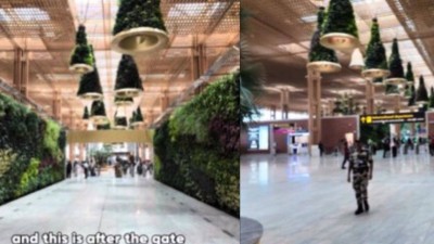 Japanese man stunned by lush Bengaluru airport interiors.