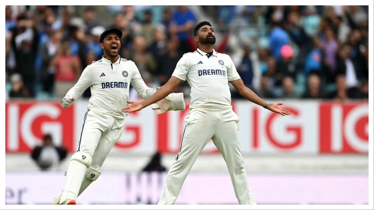 Mohammed Siraj of India celebrates the match winning wicket of Gus Atkinson.