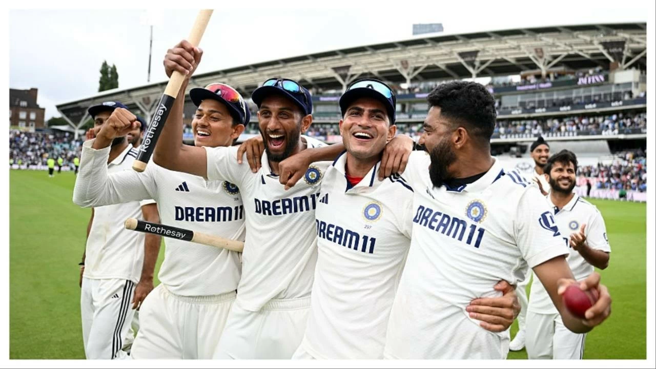 Indian players celebrate after levelling the series with England.