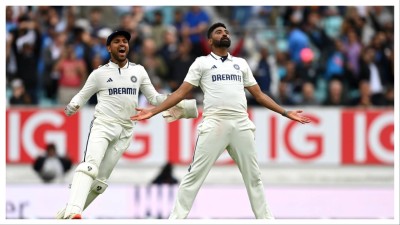 Mohammed Siraj of India celebrates the match winning wicket of Gus Atkinson.