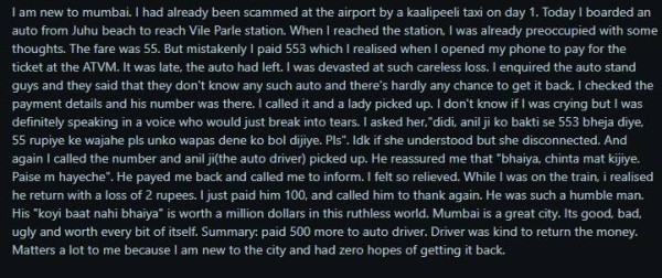 Mumbai auto driver returns extra money to customer who overpaid accidentally.