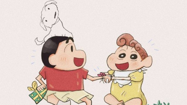 Cartoon picture of a girl tying rakhi on Shinchan