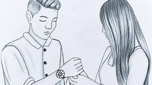 Drawing of a sister tying rakhi on her brother's wrist
