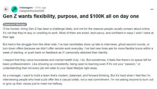 Manager claims Gen Zs treat their job like a short-term collab in viral post.