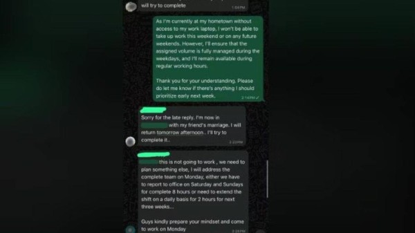 Indian manager asks employees to work on weekends or stay late.