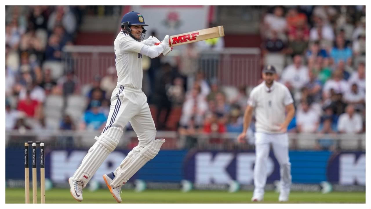 Shubman Gill plays a shot during the fourth day of the fourth Test match between India and England, at the Old Trafford cricket ground, in Manchester, England, Saturday, July 26, 2025.
