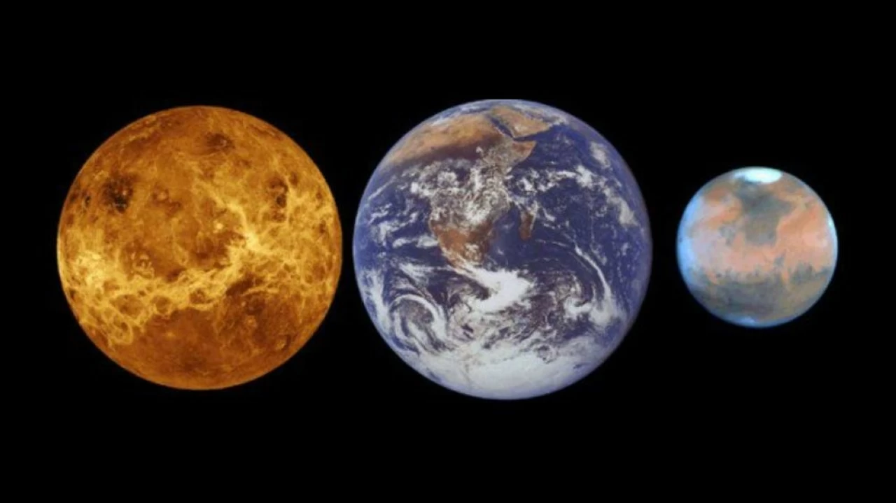 A size comparison of Venus, Earth and Mars. 