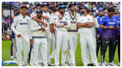 Indian team members during the felicitation ceremony after their victory in the fifth Test match against England, at The Oval cricket ground, in London, England, Monday, Aug. 4, 2025. The series ended in a 2-2 draw. 