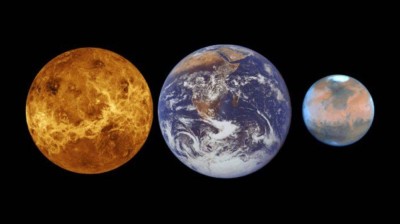 A size comparison of Venus, Earth and Mars. 