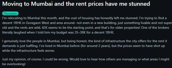 Redditor shocked by the rising housing costs in Mumbai.