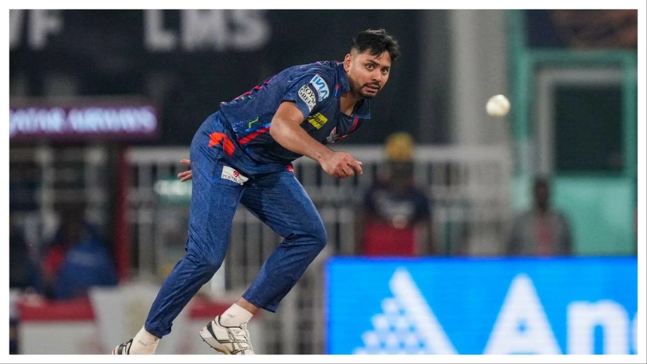 LSG's Avesh Khan bowls during the IPL 2025 match against Royal Challengers Bengaluru in Lucknow on May 27, 2025.
