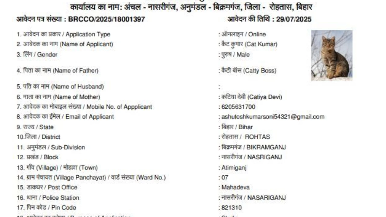 Rohtas district administration receives application under  name of "Cat Kumar"
