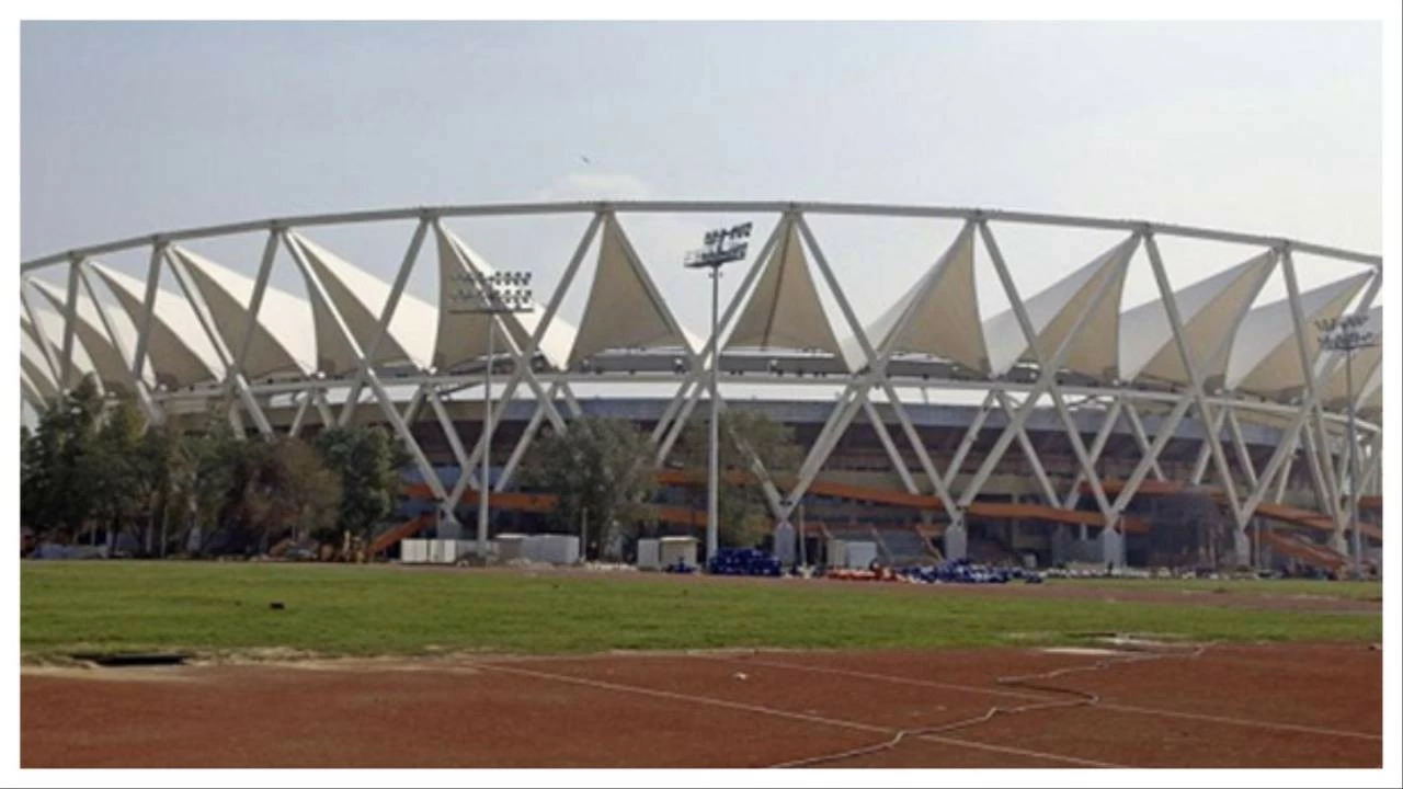 A new track is being laid at the JLN Stadium in New Delhi. 