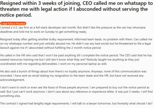 Redditor resigns after 3 weeks; CEO threatens