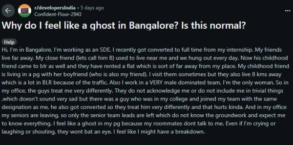 Bengaluru woman says she feels invisible at work and home.
