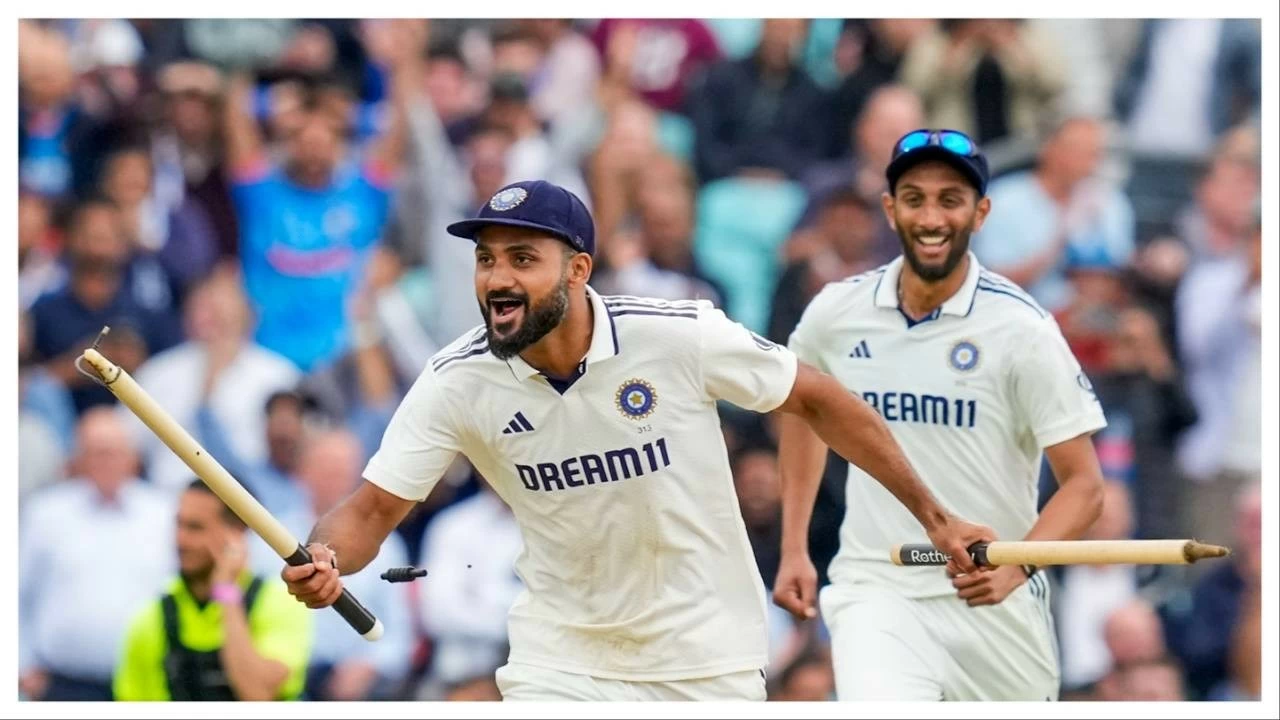 Akash Deep celebrates following India's victory in the fifth Test match against England on Aug 4.