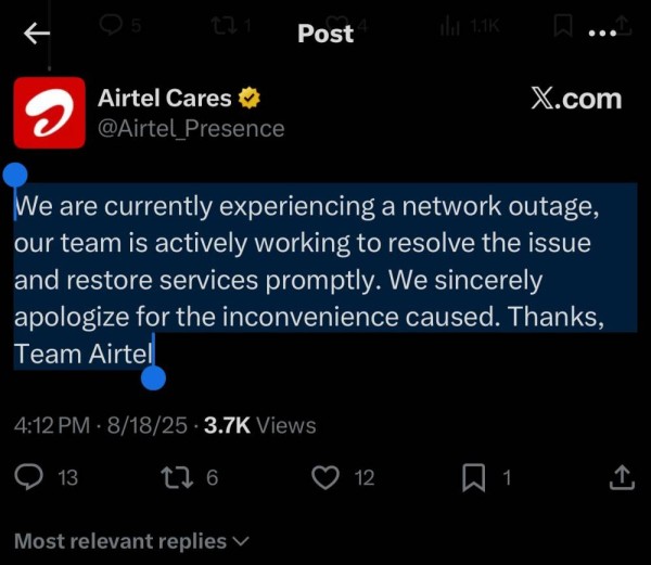Airtel network down for many users