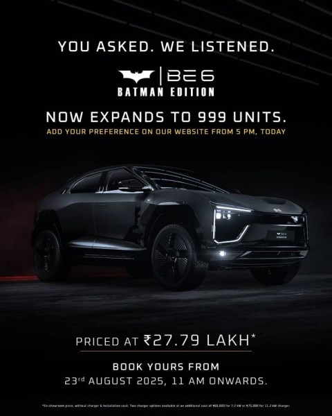 Mahindra expands BE 6 Batman Edition electric SUV from 300 to 999 units in India.