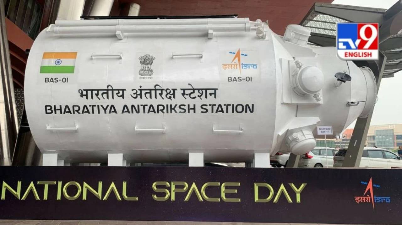The model of the Bharatiya Antariksh Station outside Bharat Mandapam. 