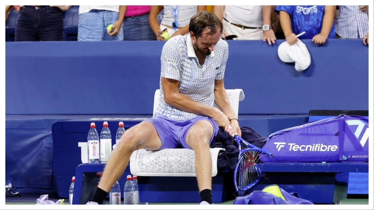Daniil Medvedev breaks his racquet during his US Open first round match against Benjamin Bonzi.