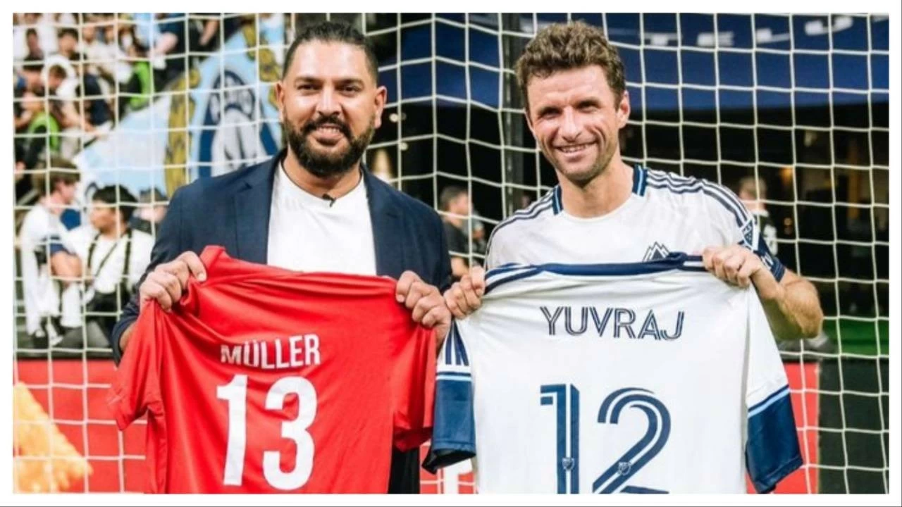 Yuvraj Singh and Thomas Muller exchange jerseys before Vancouver’s clash against St. Louis City.