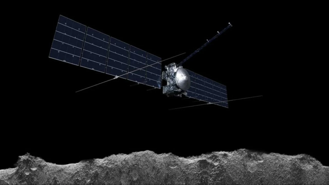 Illustration of Europa Clipper with the radar data along the bottom edge. 