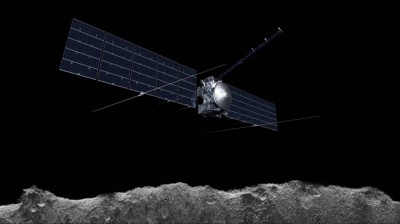 Illustration of Europa Clipper with the radar data along the bottom edge. 