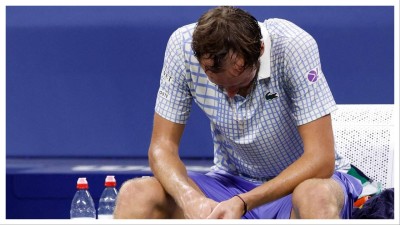Daniil Medvedev reacts after his first round US Open match against Benjamin Bonzi.